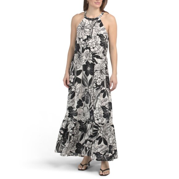 LONDON TIMES White/black Halter Printed Maxi Dress